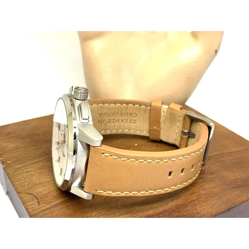 MVMT Men's Watch Quartz Chronograph White Dial Brown Leather Band 44mm